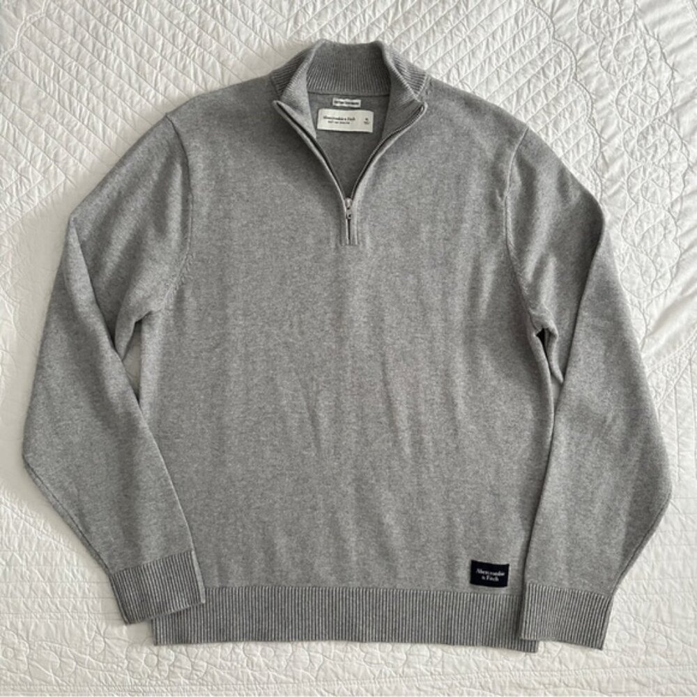Abercrombie and Fitch Gray Quarter Zip Soft A&F Cotton Cashmere Men's Sweater